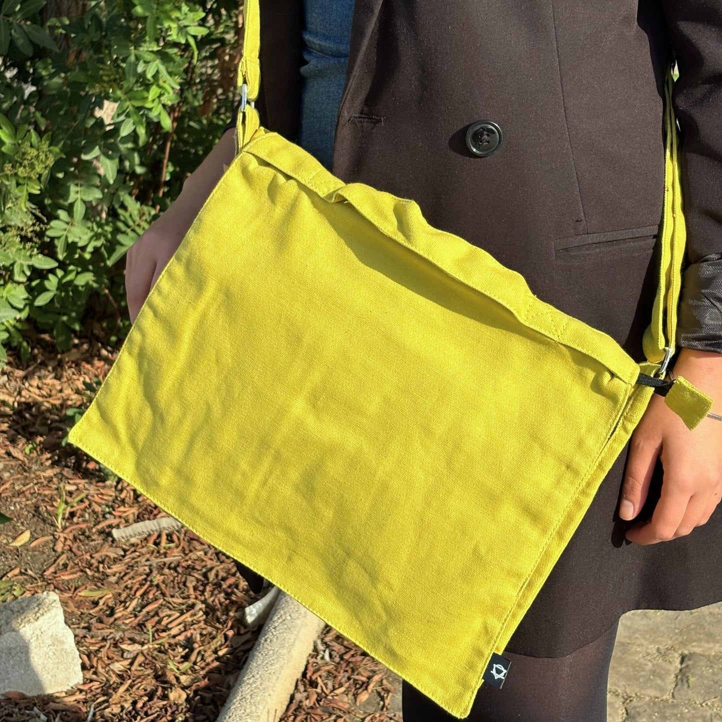 Bolso mensajero de lona de algodón para portátil - Mostaza