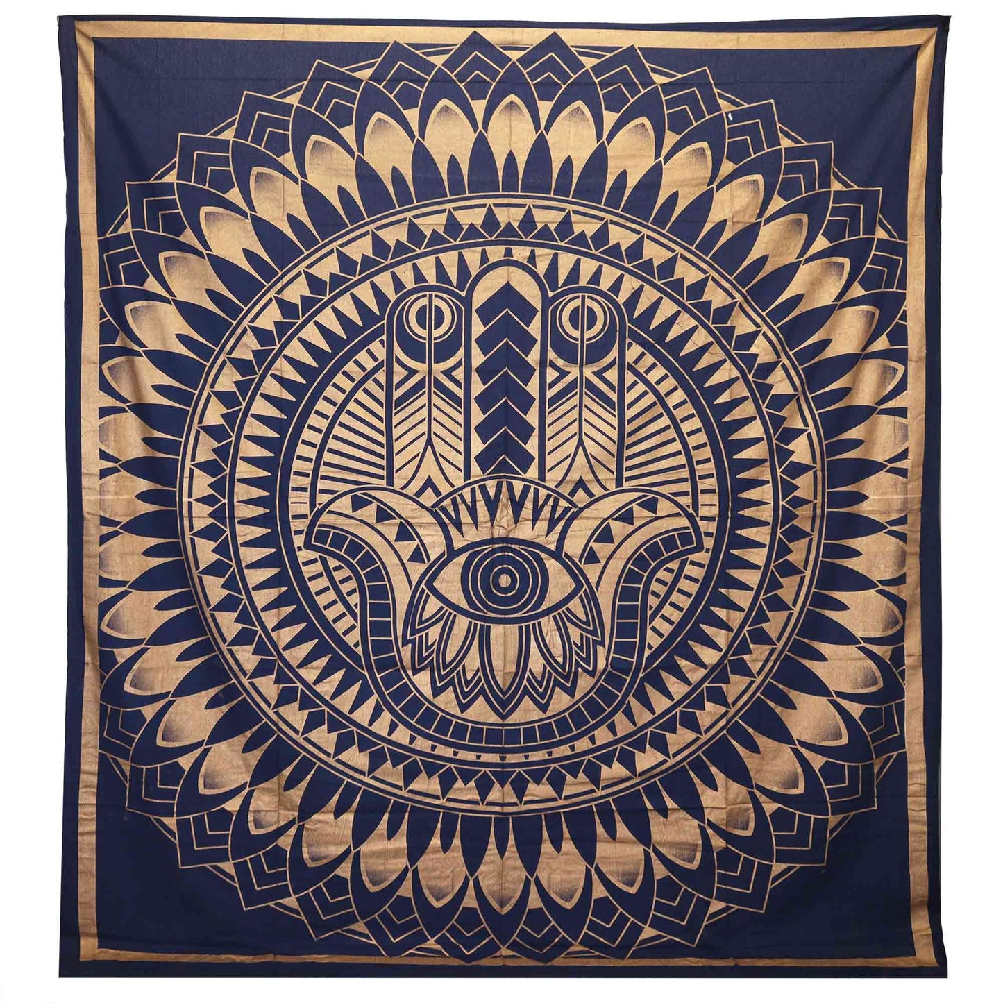Tapiz Doble de Algodón Hamsa Azul y Dorado