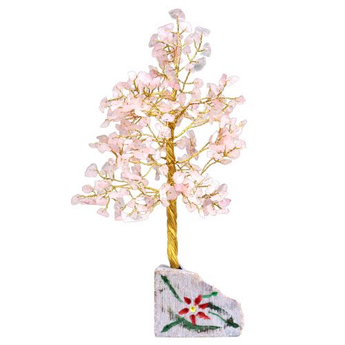 Árbol de Cuarzo Rosa sobre Base de Piedra - 320 Gemas Naturales
