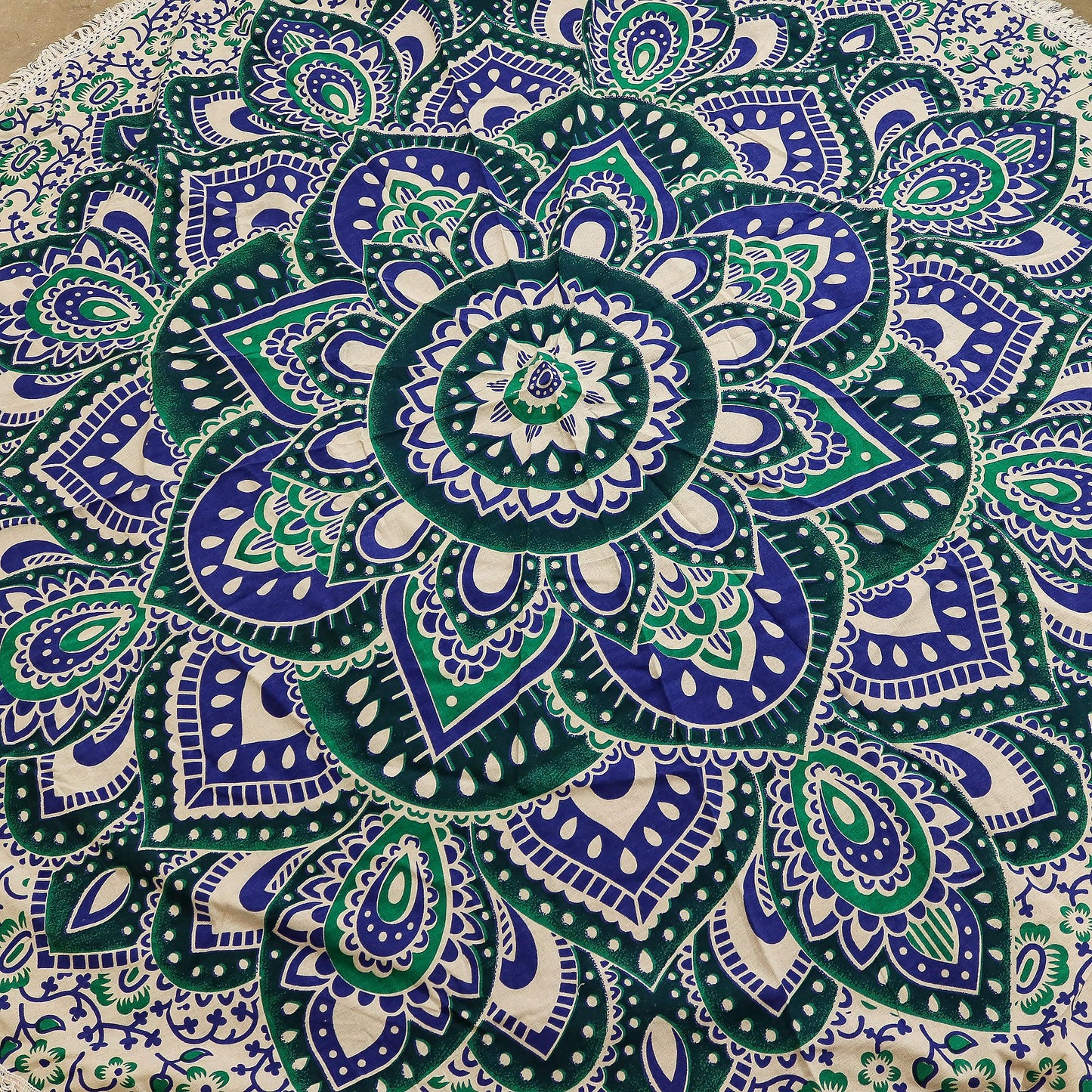 Mandala Redondo de Algodón (130 cm) - Turquesa y Azul