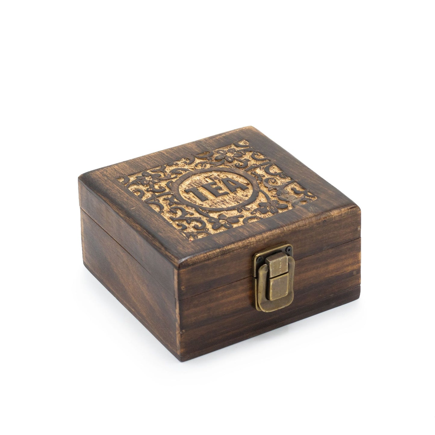 Caja de té tallada a mano (4 compartimentos)