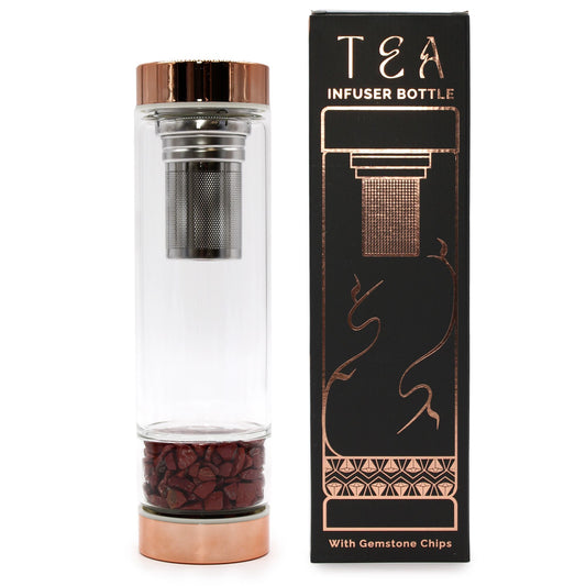 Botella de Cristal para Té con Jaspe Rojo y Acabado Oro Rosa - 500 ml