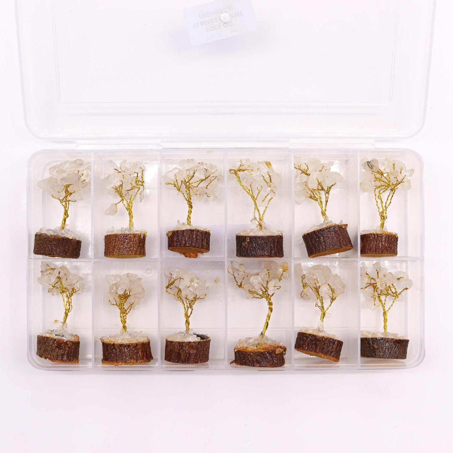 Mini árbol de Cuarzo sobre Base de Madera - 15 Gemas Naturales