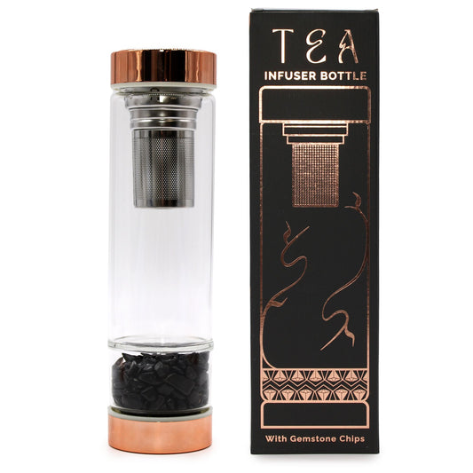Botella de Cristal para Té con Piedra de Ónix y Acabado Oro Rosa - 500 ml