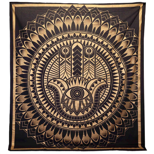 Tapiz Doble de Algodón Hamsa Negro y Dorado
