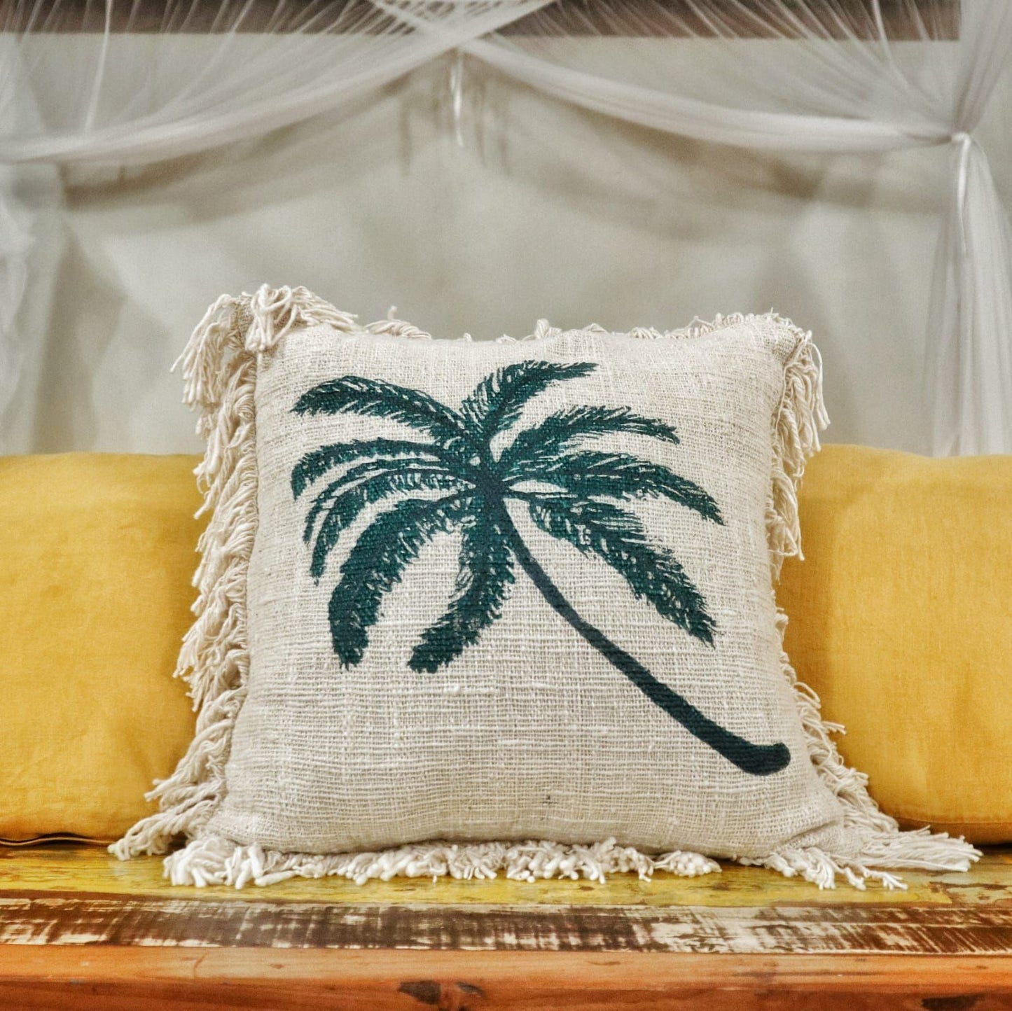 Funda de Cojín de Lino 45x45 Palmera con Flecos