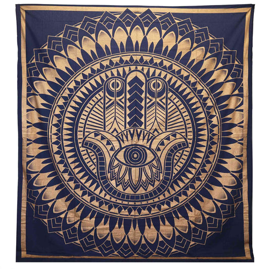 Tapiz Doble de Algodón Hamsa Azul y Dorado