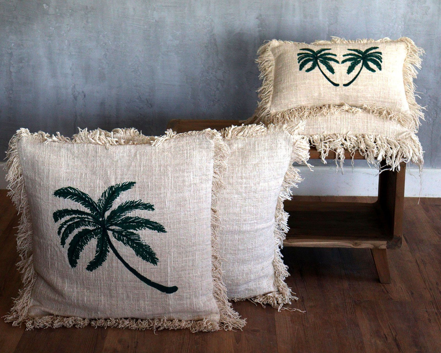 Funda de Cojín de Lino 45x45 Palmera con Flecos