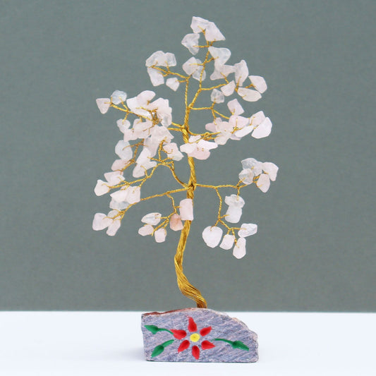 Árbol de Cuarzo Rosa sobre Base de Piedra - 80 Gemas Naturales