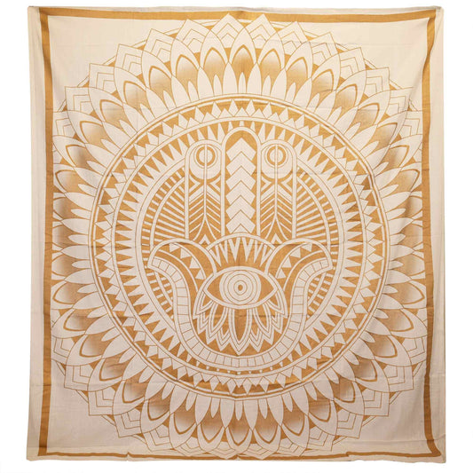 Tapiz Doble de Algodón Hamsa Dorado y Blanco