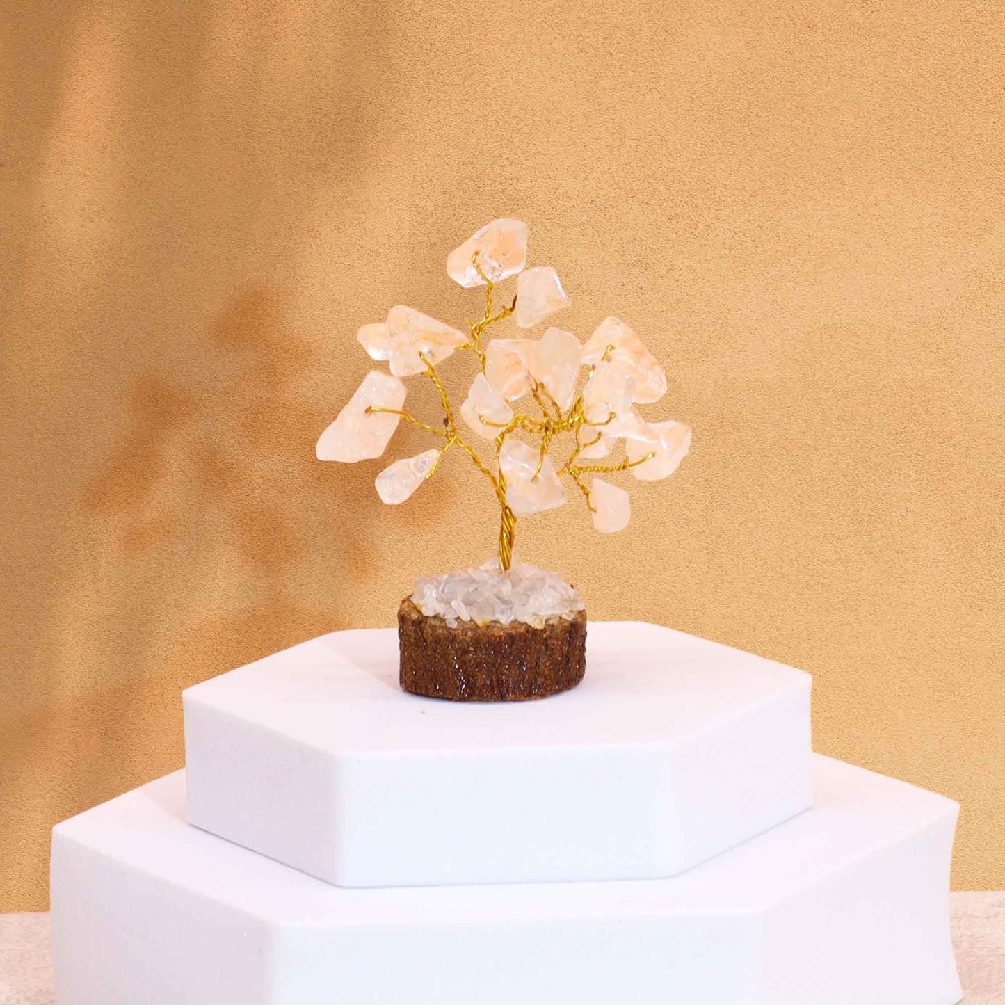 Mini árbol de Cuarzo sobre Base de Madera - 15 Gemas Naturales