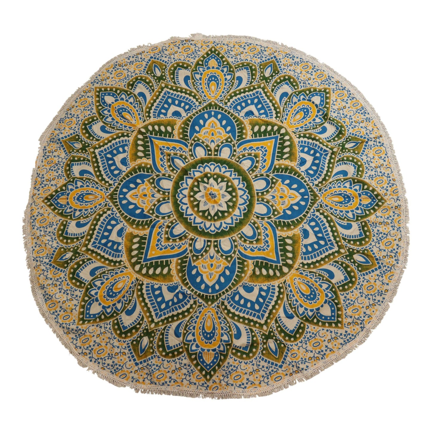 Gran Mandala Redondo de Algodón (180 cm) - Amarillo y Azul