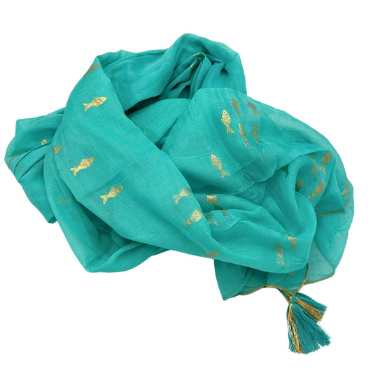 Colección Nómada Sari Mediterráneo - Pareo - Diseño de Peces en Turquesa y Oro