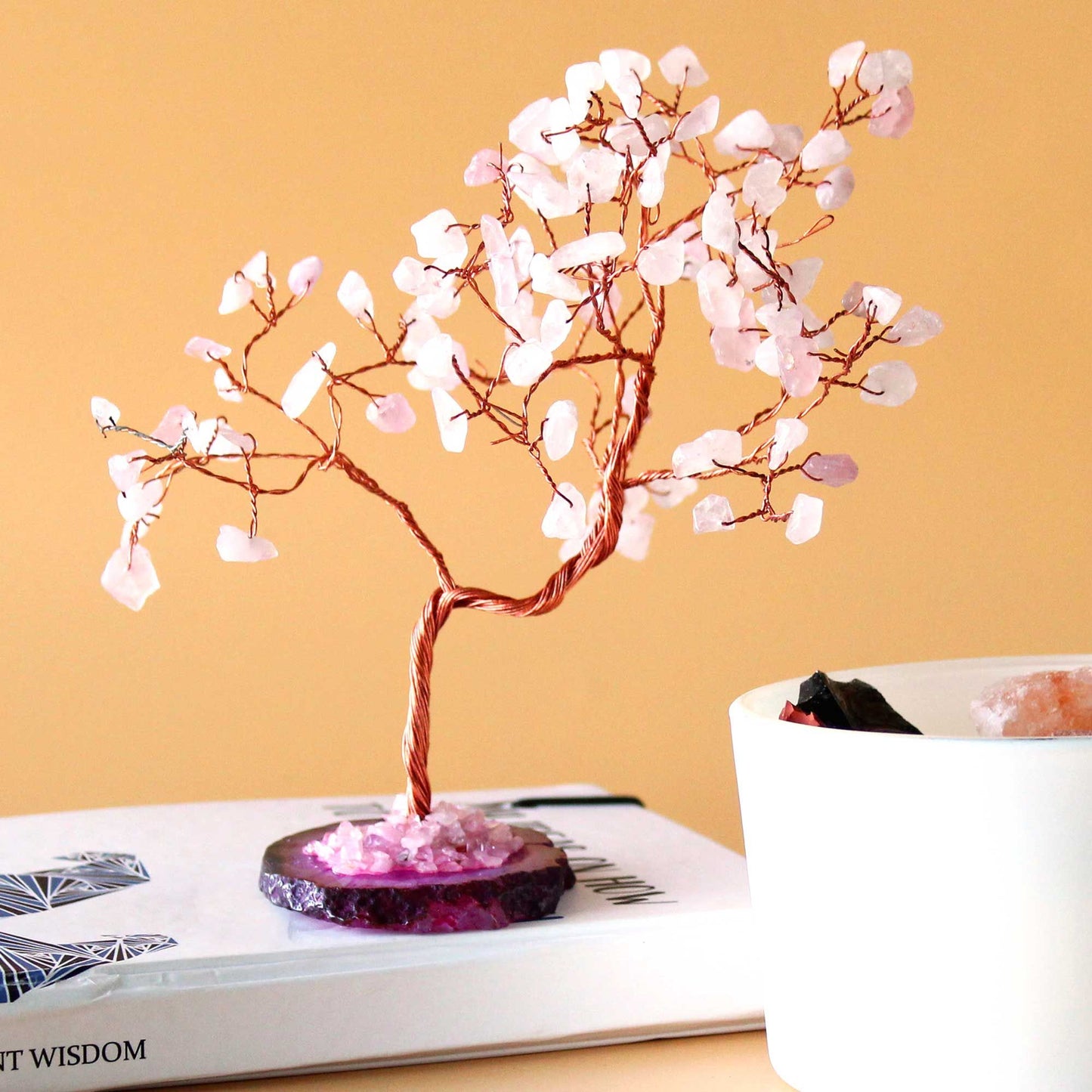 Árbol de Cuarzo Rosa sobre Base de Ágata Rosa - 100 Gemas Naturales