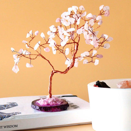 Árbol de Cuarzo Rosa sobre Base de Ágata Rosa - 100 Gemas Naturales