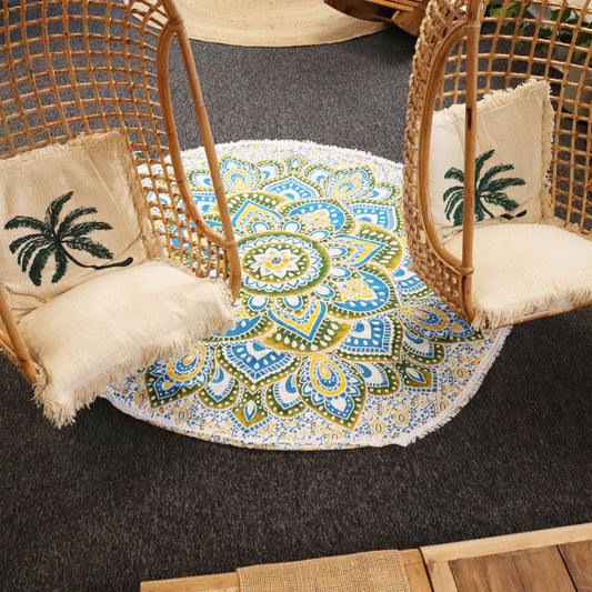 Gran Mandala Redondo de Algodón (180 cm) - Amarillo y Azul