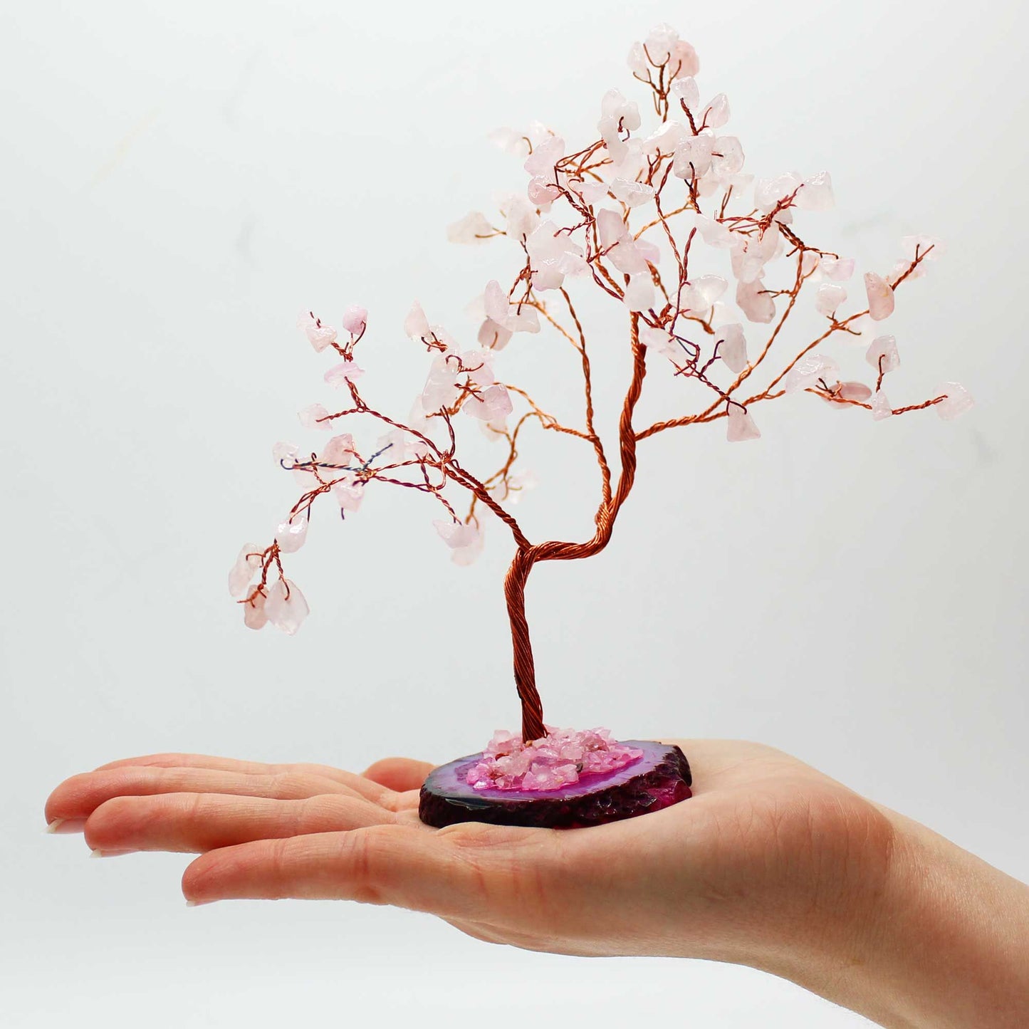 Árbol de Cuarzo Rosa sobre Base de Ágata Rosa - 100 Gemas Naturales
