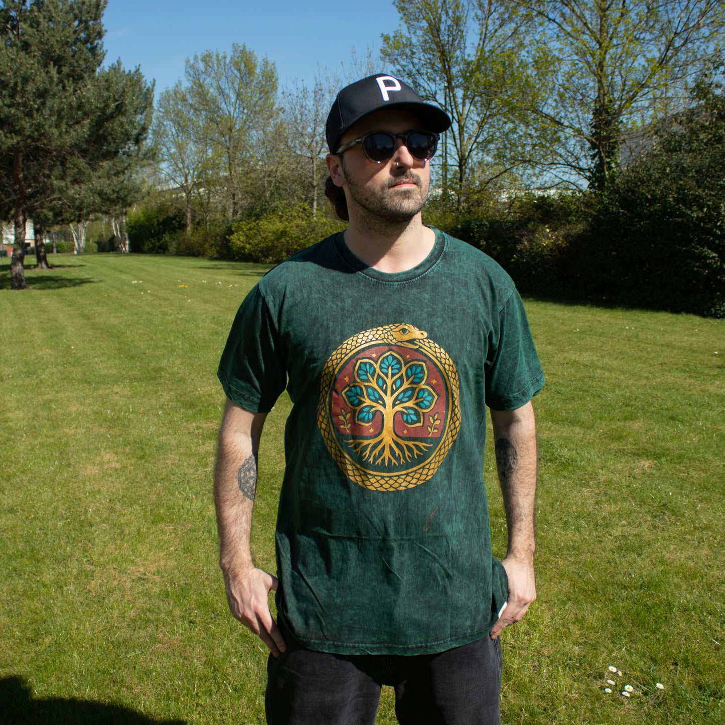 Nomad Sari Camiseta de algodón lavado a piedra - Árbol de la Vida - Verde - Grande