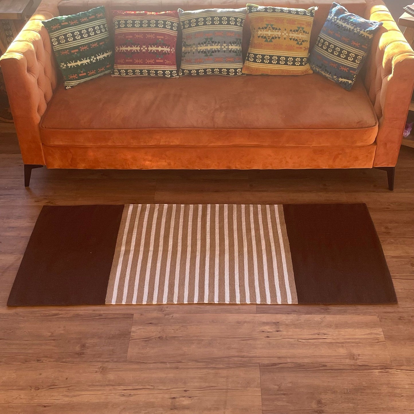 Alfombra India de Algodón - 70x170cm - Marrón Oscuro / Beige