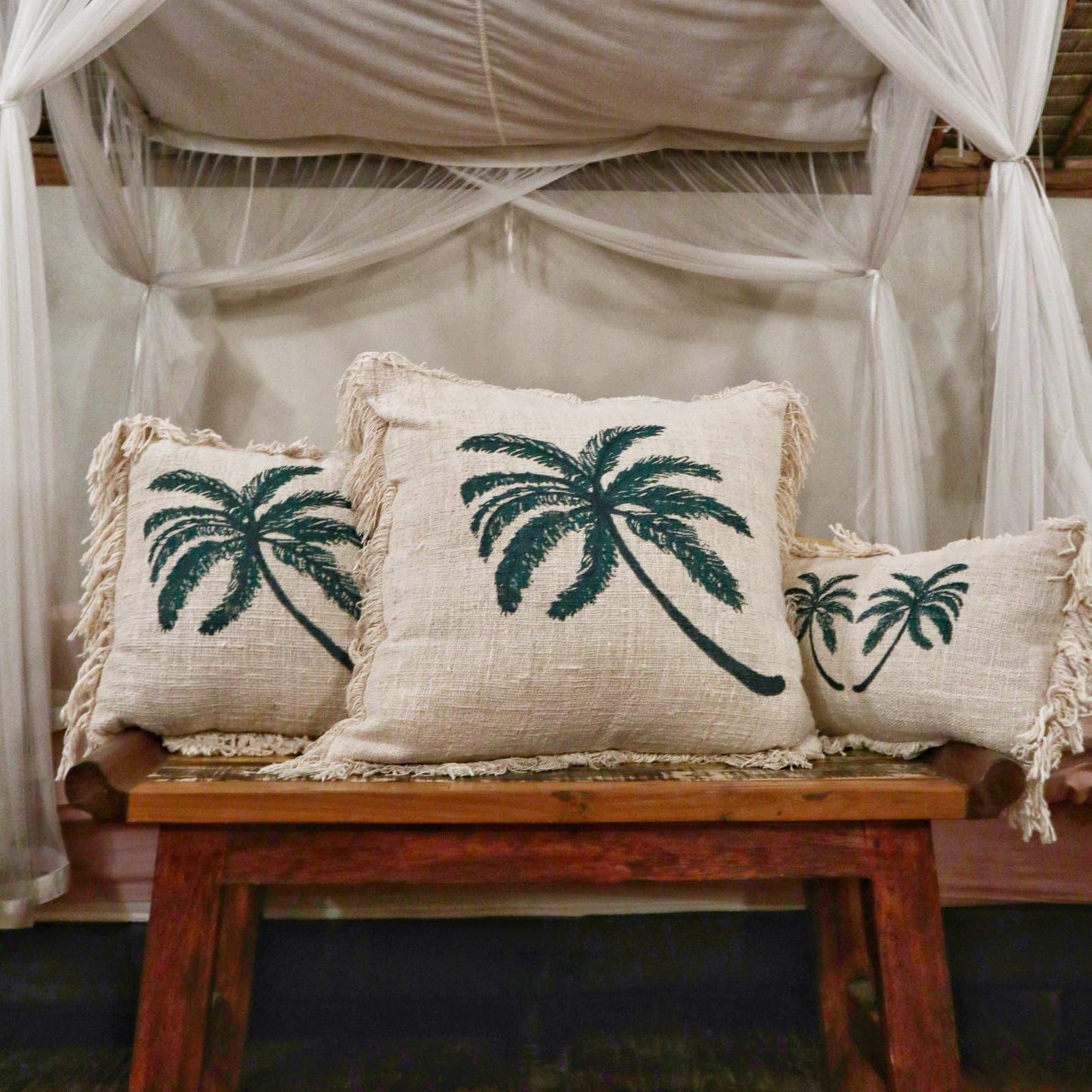 Funda de Cojín de Lino 60x60 Palmera con Flecos