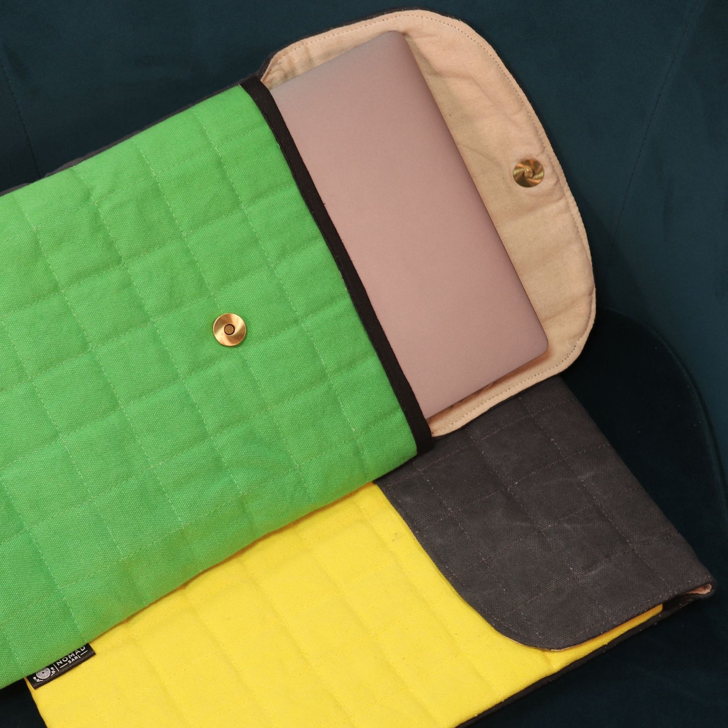 Funda acolchada para computadora portátil - Verde rana - Lavado de piedra de 14oz
