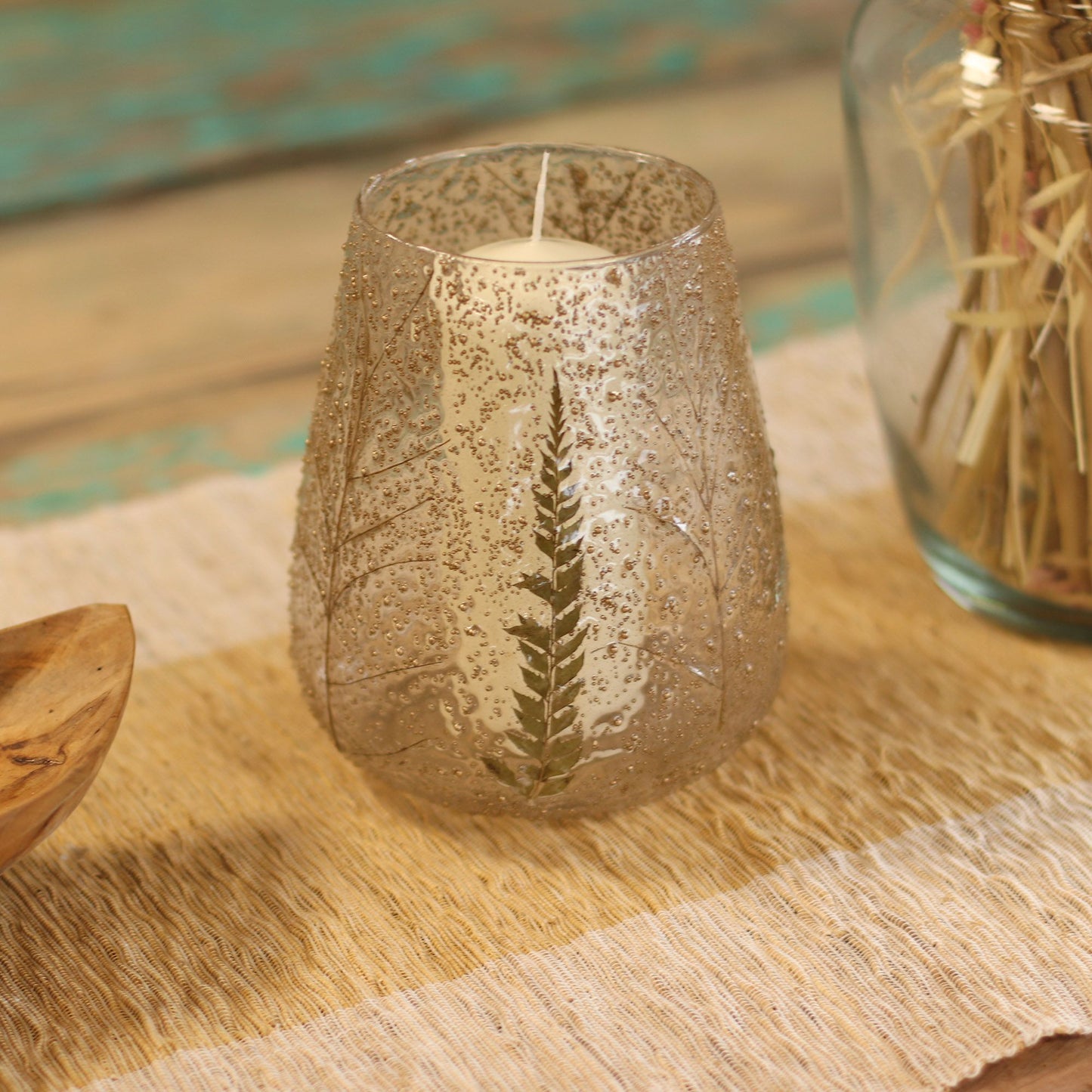 Portavelas de Vidrio floral natural -  Cuenco grande - Pino (15x12cm)