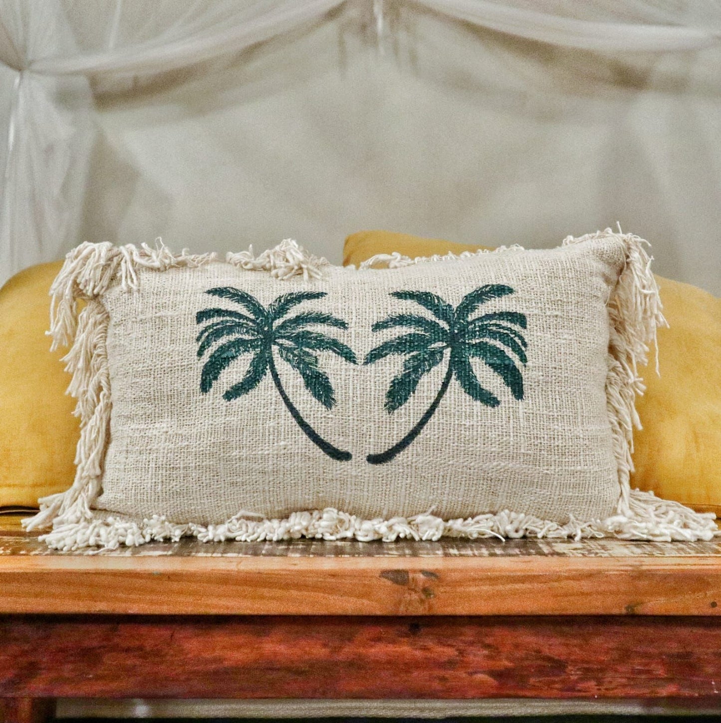 Funda de Cojín de Lino 30x50 Palmera con Flecos