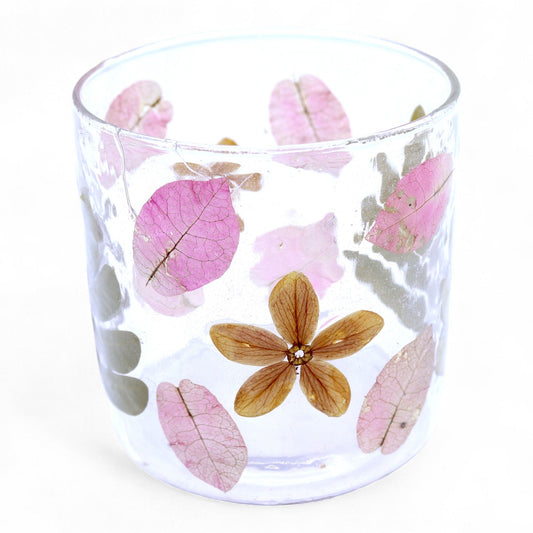 Portavelas recto de Vidrio con flores naturales  - Primavera -  (8x8cm)