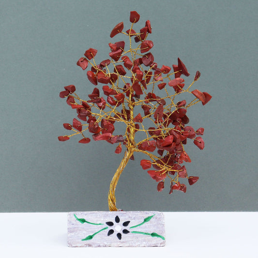 Árbol de Jaspe Rojo sobre Base de Piedra - 160 Gemas Naturales