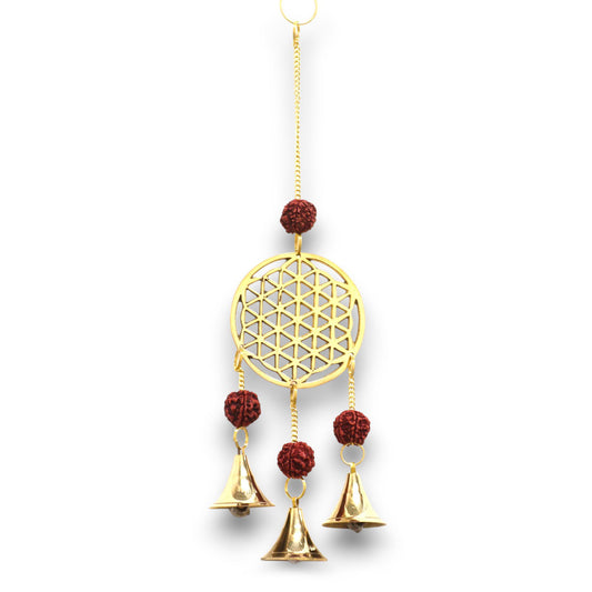 Campanas Indias - Flor de la Vida de Latón con Semillas Rudraksha - 6x27cm