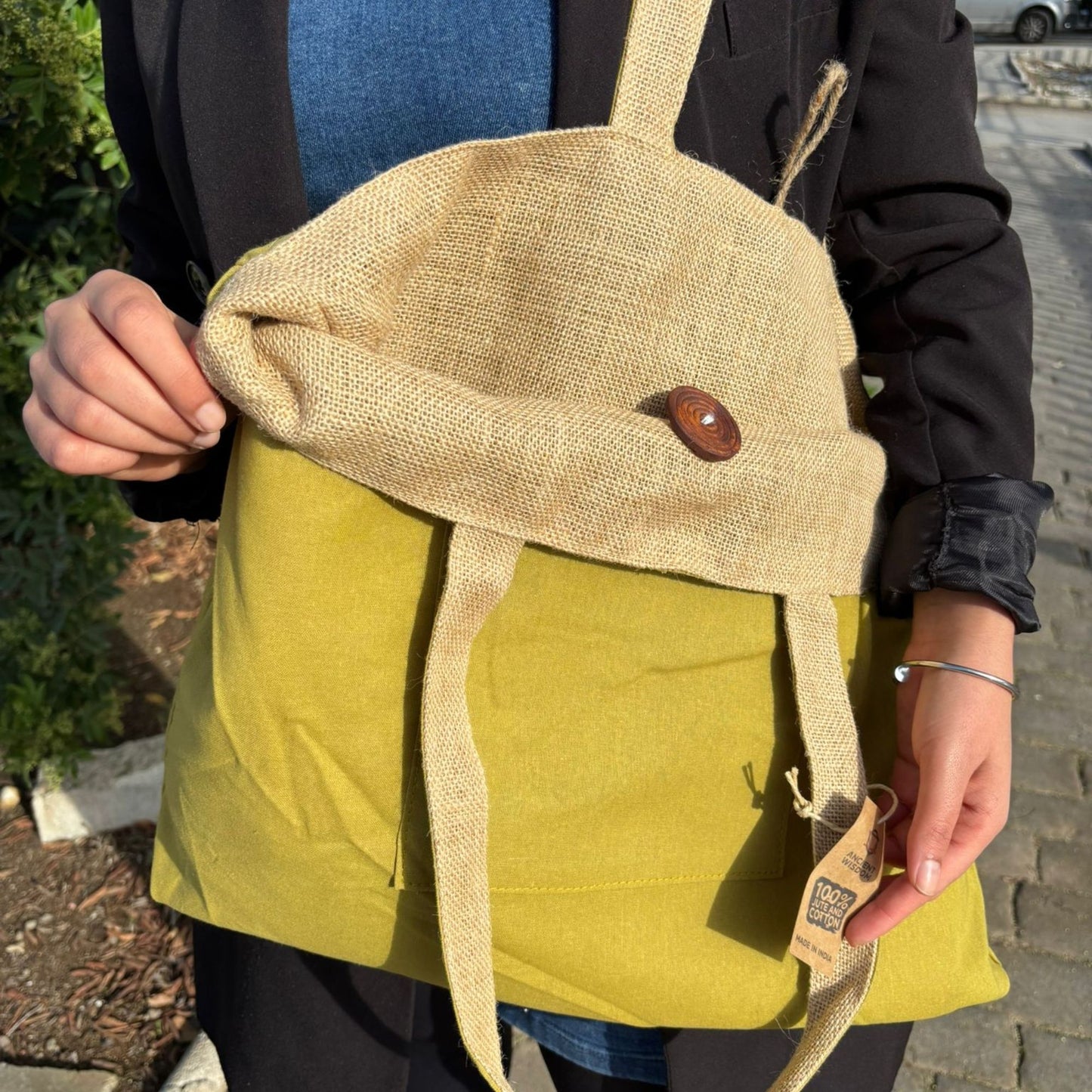 Bolsa Grande Reversible de Yute y Algodón - Pistacho