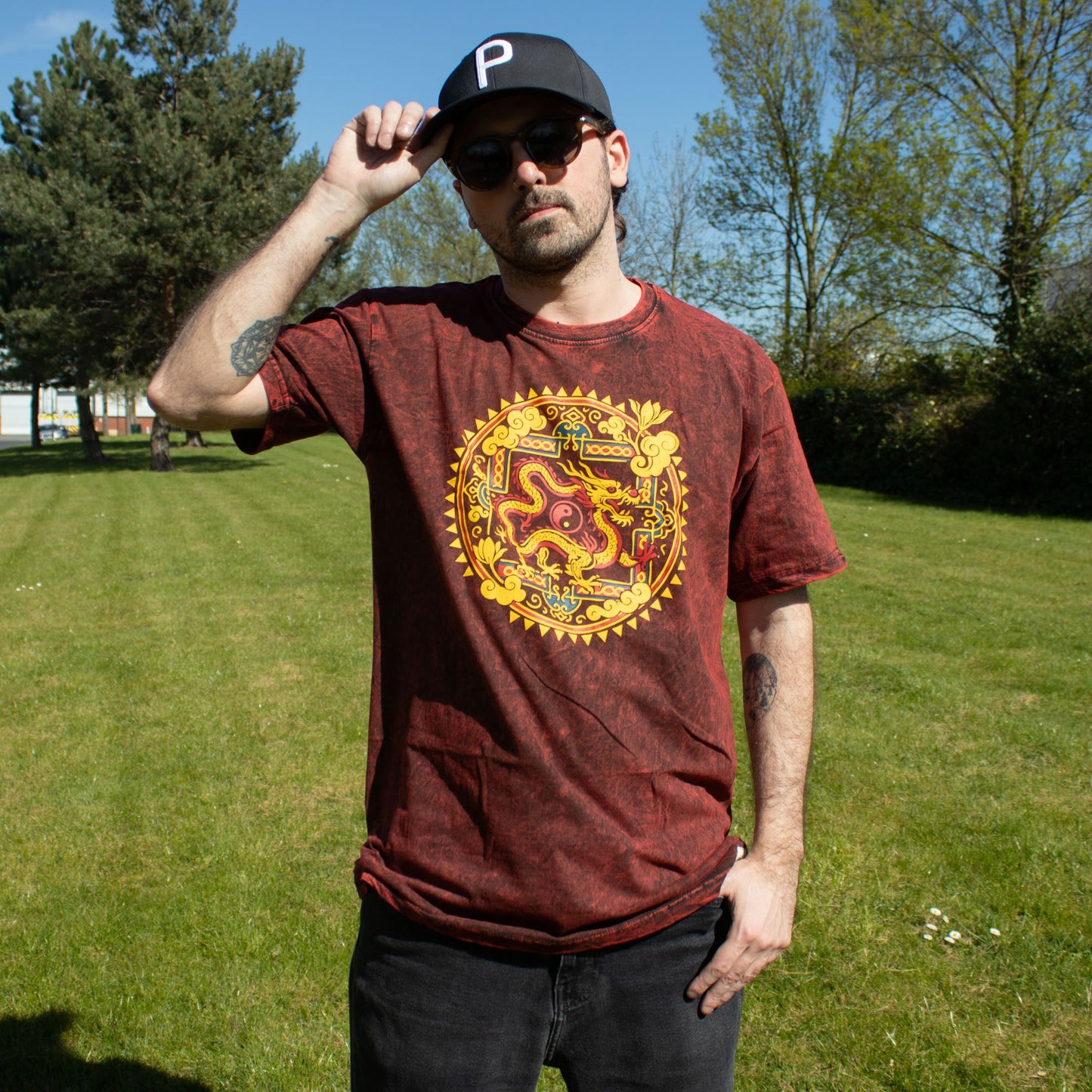 Nomad Sari Camiseta de algodón lavado a la piedra - Mandala de dragón - granate - Grande