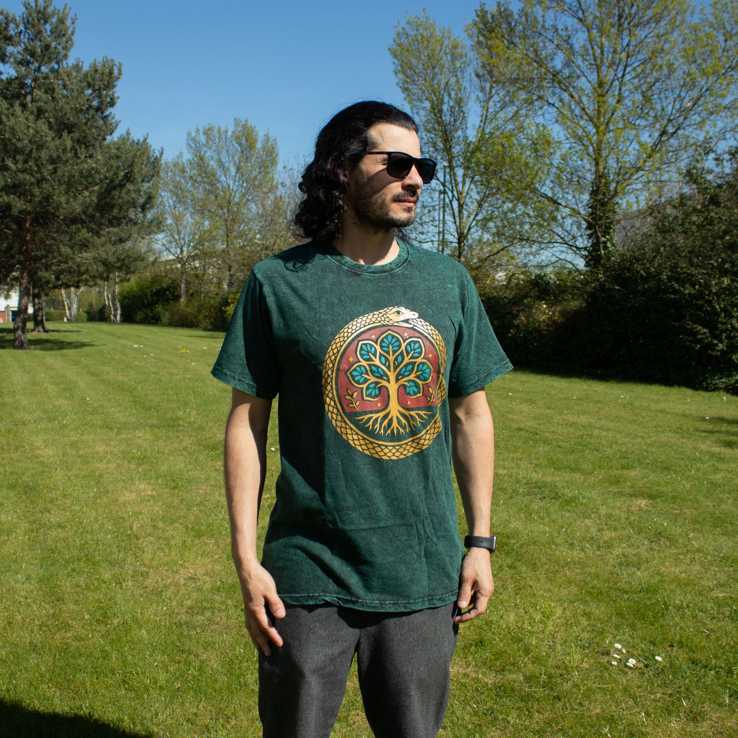 Nomad Sari Camiseta de algodón lavado a piedra - Árbol de la Vida - Verde - Mediano