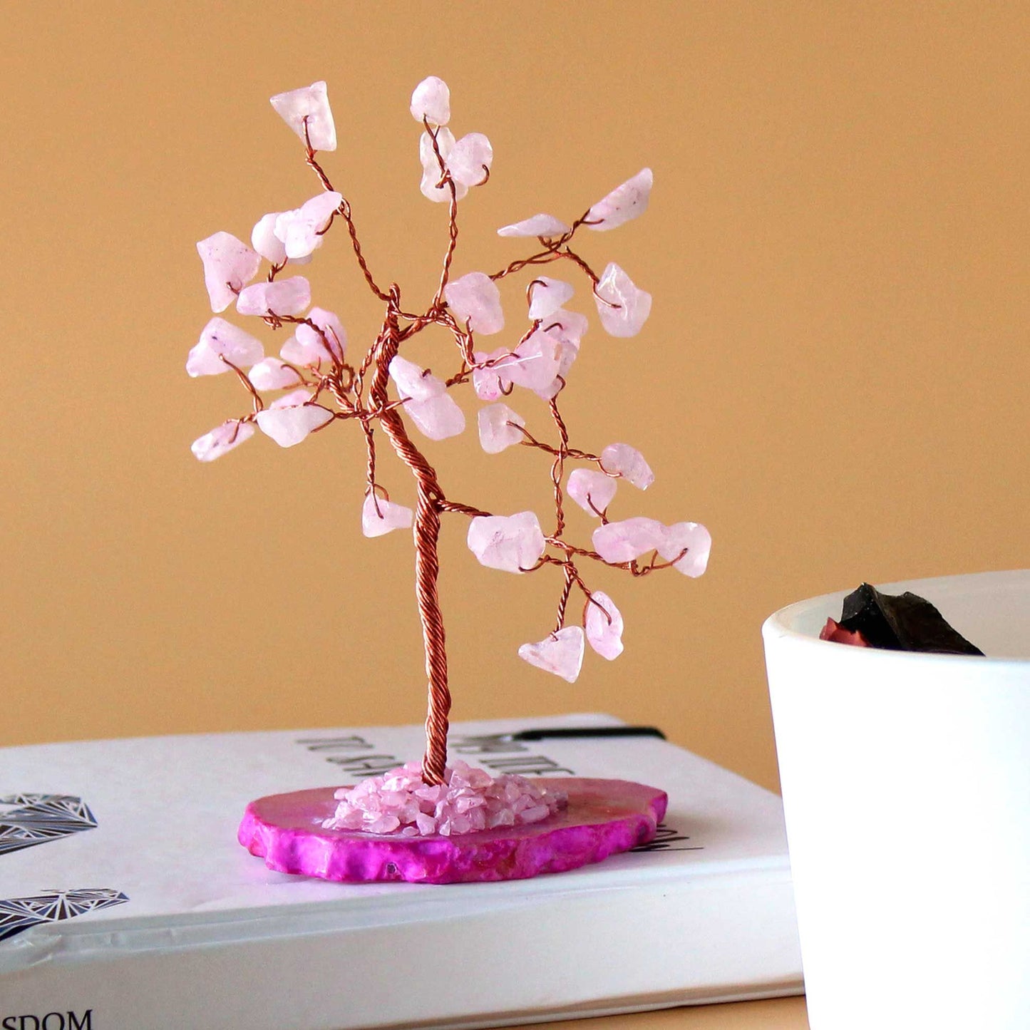 Árbol de Cuarzo Rosa sobre Base de Ágata Rosa - 35 Gemas Naturales