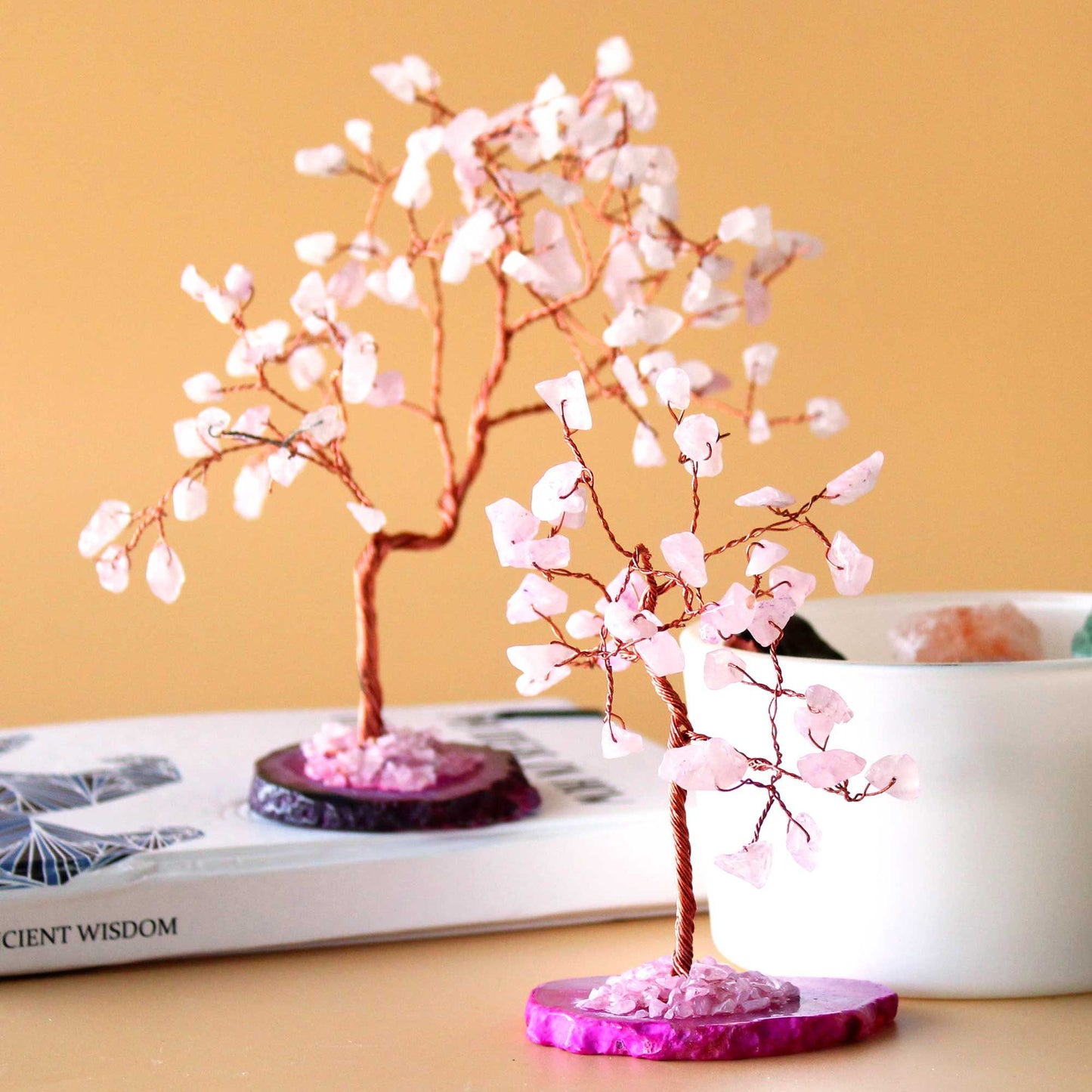 Árbol de Cuarzo Rosa sobre Base de Ágata Rosa - 35 Gemas Naturales